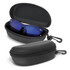 A pair of blue mirror lens sunglasses nestled in a black zippered case. The case is partially open to reveal the sunglasses inside.