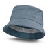 A blue corduroy bucket hat with a wide brim, featuring a lined interior and a subtle logo design.