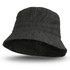 A black denim bucket hat with a wide brim and an inner lining, featuring a logo on the side.