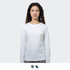 A long sleeve crew shirt in white, designed for women, featuring a logo.