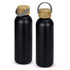 A drink bottle in black stainless steel with a bamboo lid and a grey handle. It features a logo on the body.