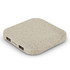 A square wireless charger with a speckled beige surface and two ports on the side, featuring a logo.