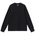 A black unisex crew neck sweater with long sleeves and a simple design. It features a small logo on the neckline.
