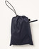 A navy blue waterproof rain pants packed in a drawstring bag with a toggle. Features a logo on the bag.