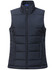 A navy insulated puffer vest featuring a 3D cut and front zip, with a logo on the collar.