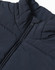 A dark navy insulated puffer vest with a high collar and zipper, featuring a fabric texture and stitching details.