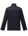 A navy men's sustainable softshell corporate jacket with a collar and long sleeves, featuring a logo.