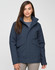 A unisex quilted waterproof jacket in navy blue, featuring a high collar and two front pockets. It has a logo on it.