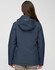 A unisex quilted waterproof jacket in navy, featuring a hood and a logo, viewed from the back.