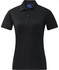 A black ladies' short-sleeve polo shirt with a collared neckline and a logo on the chest.