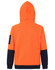 A two-tone water-resistant fleece hoodie in high-visibility orange with navy sleeves and a hood, featuring a logo.
