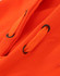 A close-up of an orange fleece hoodie with black eyelets and drawstrings. The fabric appears water resistant.