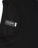 A black men's long-sleeve tee shirt with a rounded neckline and a tag showing sizing information.