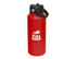 A drink bottle in bright red with a black spout and carrying handle. It features a logo on the side.