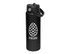 A drink bottle in matte black featuring a spout and a carrying handle, with a logo printed on the side.