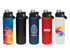 A drink bottle collection featuring a vibrant gradient, black, blue, red, and white bottles, each with a screw cap and logo.