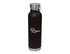 A drink bottle in black stainless steel with a silver lid and a logo. Ideal for carrying beverages.