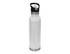 A drink bottle with a sleek white body, stainless steel base, and a black spout lid. It features a logo.