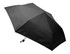 A black pocket umbrella with a compact design and a small adjustable handle. It has a logo on its surface.