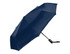 A fold-up umbrella in navy blue, featuring a black handle and a logo on the canopy.