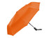 An orange fold-up umbrella with a black handle and a logo on the shaft.