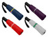A collection of fold-up umbrellas in red, navy, purple, and white, each featuring different logos.