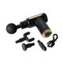 A black massage gun with gold accents, accompanied by multiple attachments and a USB charging cable.
