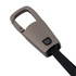 A brown carabiner clip attached to a black charging cable, featuring a button and a logo on the clip.