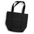 A black canvas tote bag with two side pockets and double handles. It features a logo.