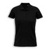 A black women's polo shirt with a collar, short sleeves, and a buttoned placket. Features a logo on the chest.