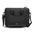A black laptop bag with a handle, adjustable strap, and a logo. Features a minimalist design and a sleek look.