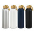 A drink bottle collection featuring aluminium bodies in silver, white, navy, and black, each with bamboo lids and a rope handle.
