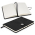 A black Pierre Cardin Biarritz notebook with an open and closed view, featuring lined pages and a logo.