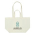A cream tote bag with two handles, featuring a logo design on one side.