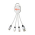 A charging cable with multiple connectors in silver and white, featuring a logo on the central hub.