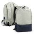 A light grey and navy laptop backpack featuring a logo and multiple compartments for storage.