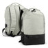 A light grey and black laptop backpack with a logo, featuring padded straps and a sleek design.