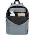 A grey laptop backpack with an open main compartment displaying a drink bottle, notebook, and space for a laptop.