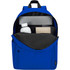 A blue laptop backpack featuring an open main compartment with a drink bottle, notebook, and laptop sleeve inside.