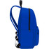 A blue laptop backpack with adjustable straps and zippered compartments, featuring a side pocket and branding.