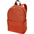 An orange laptop backpack with a front pocket and black zippers. It features padded shoulder straps and a logo.
