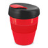 A drink bottle featuring a red body and a black lid, with a logo displayed on its surface.