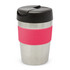 A drink bottle featuring a stainless steel body with a pink silicone band and a black flip-top lid.