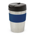 A drink bottle featuring a stainless steel body with a navy silicone grip and a black lid. It includes a logo.