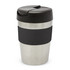 A drink bottle featuring a stainless steel body with a black silicone band and a black lid. It has a sleek design.