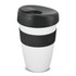 A drink bottle with a black lid and sleeve, featuring a white body. It has a logo on the side.