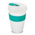 A drink bottle with a white body, turquoise band, and lid. Features a logo on the side. Holds 480ml.