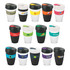 A selection of reusable coffee cups in various colours, featuring different designs and logos. Each cup has a secure lid.