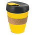 A drink bottle with a yellow body, black lid, and a cork band around the middle. It features a logo.