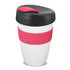 A drink bottle with a white body, black lid, and a pink silicone band. It features a logo on the side.